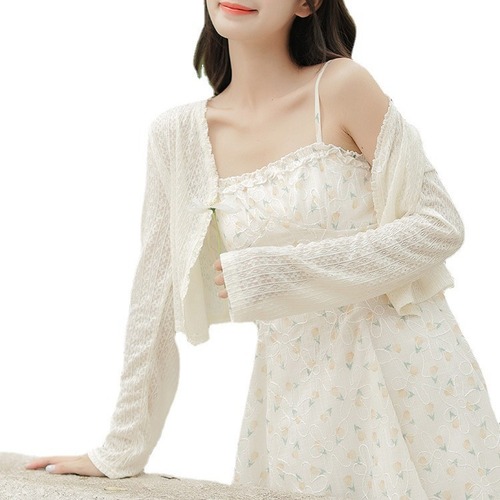 Women's 2024 new summer new small jacket with suspender skirt, sun protection clothing, shawl blouse, and fairy cardigan