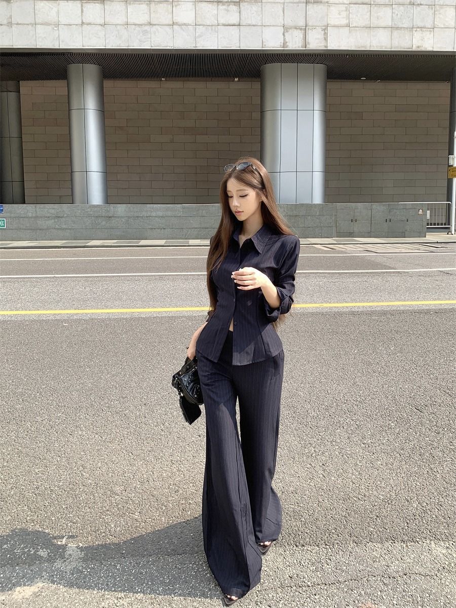 GraceChic GraceChic Elegant Sister Style With Collared Long Sleeve Striped Shirt And Flared Casual Pants For Women In Autumn Two-Piece Set_voghion.com