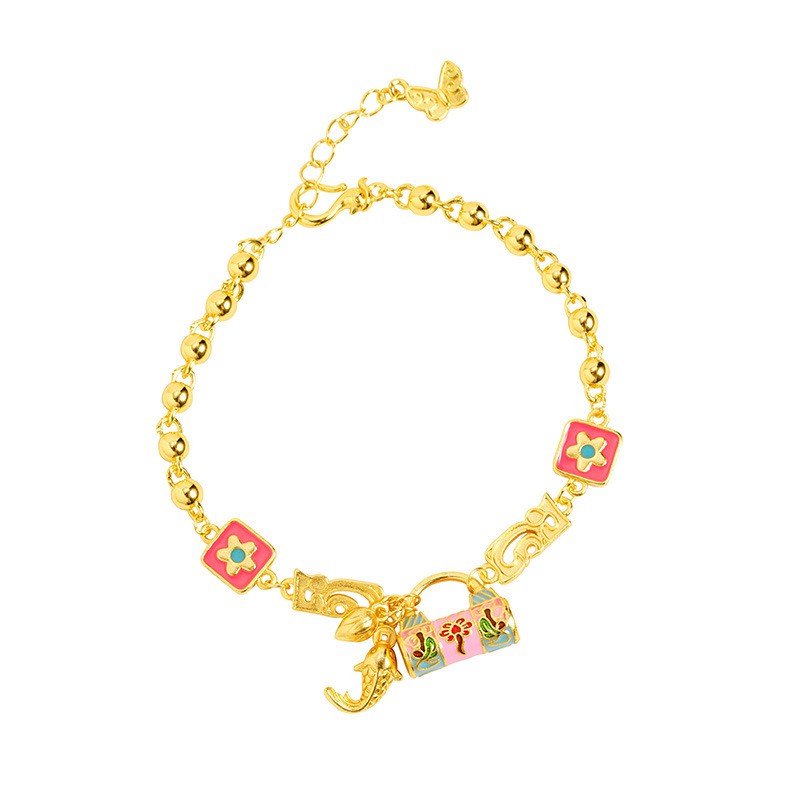 Nueva pulsera de oro antiguo estilo palacio esmalte flor cerradura bolsas Koi cuentas de brazalete de joyas de mano de mujeres étnicas