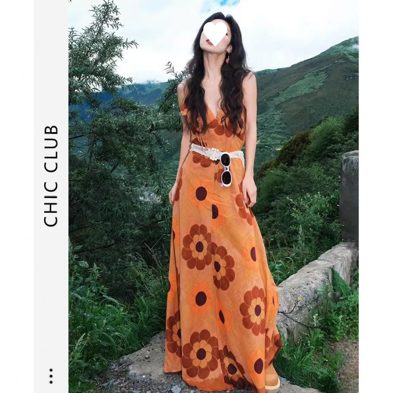 Thailand Travel Niche Printed dress for Seaside Vacation Photographing Wear Elegant V-neck White Beach Dress