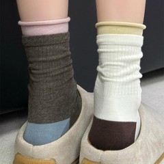 撞色假两件中筒袜子女春秋小众时髦双层拼色竖条长筒显瘦堆堆长袜