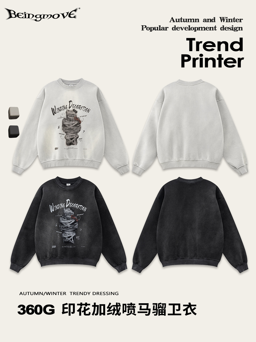 2025 otoño americano marca de moda vintage calle de moda vendaje Kitty impresión vintage chaqueta de cuello redondo para hombre