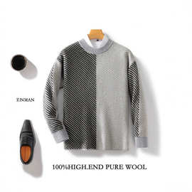 时尚休闲慵懒风羊毛针织衫2024秋冬新款撞色毛衣男士港风宽松拼色