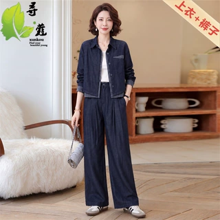 新款妈妈装40-60岁牛仔套装时尚休闲中老年女秋季两件套秋装50岁