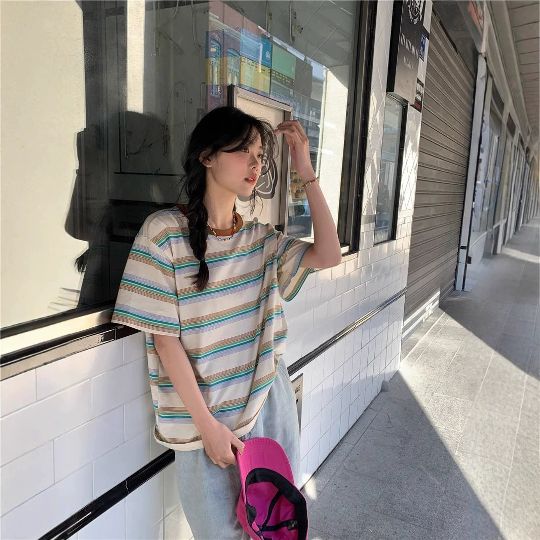 Внешняя торговля Трансграничная 2025 Академия искусств в стиле ретро в полоску с круглым вырезом с короткими рукавами футболка женская летняя свободная рубашка ins