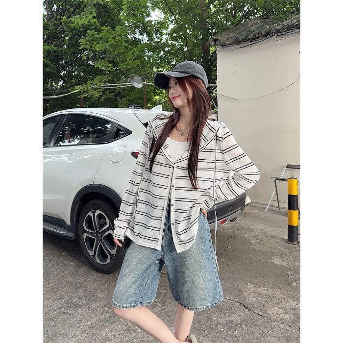 现货 早秋复古条纹韩系连帽外套女薄款长袖防晒开衫慵懒风宽松上|undefined