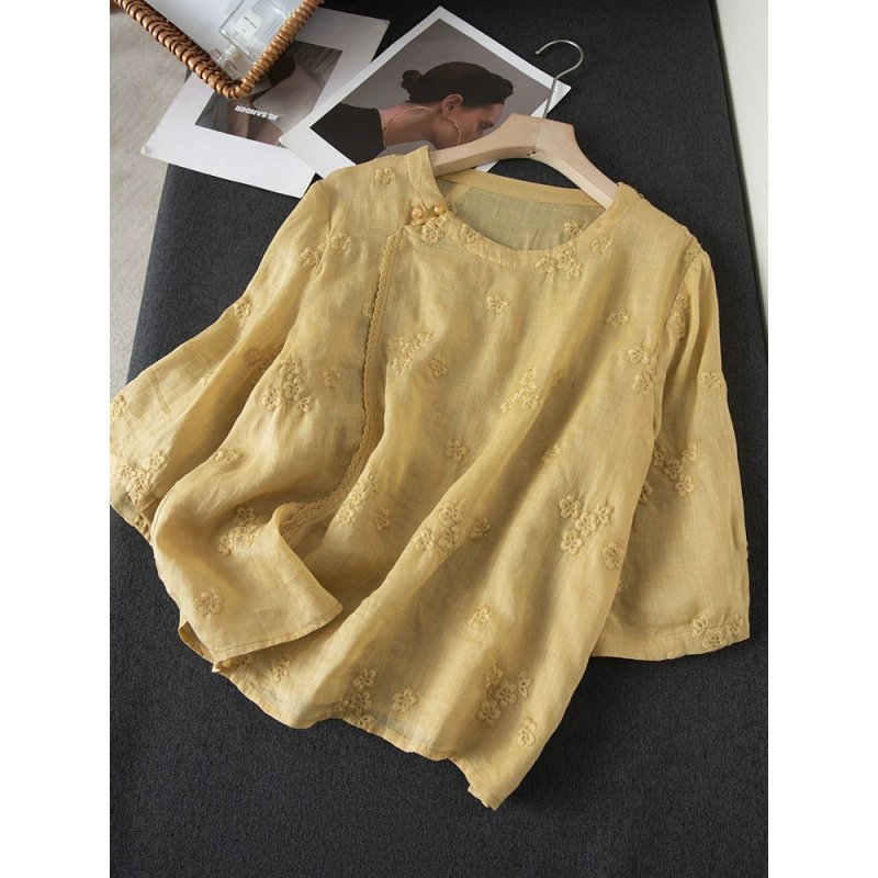 Рубашка из рами с вышивкой в ​​китайском стиле, удобный и дышащий пуловер с круглым вырезом и боковой планкой, тонкая рубашка, новая рубашка в китайском стиле 2025