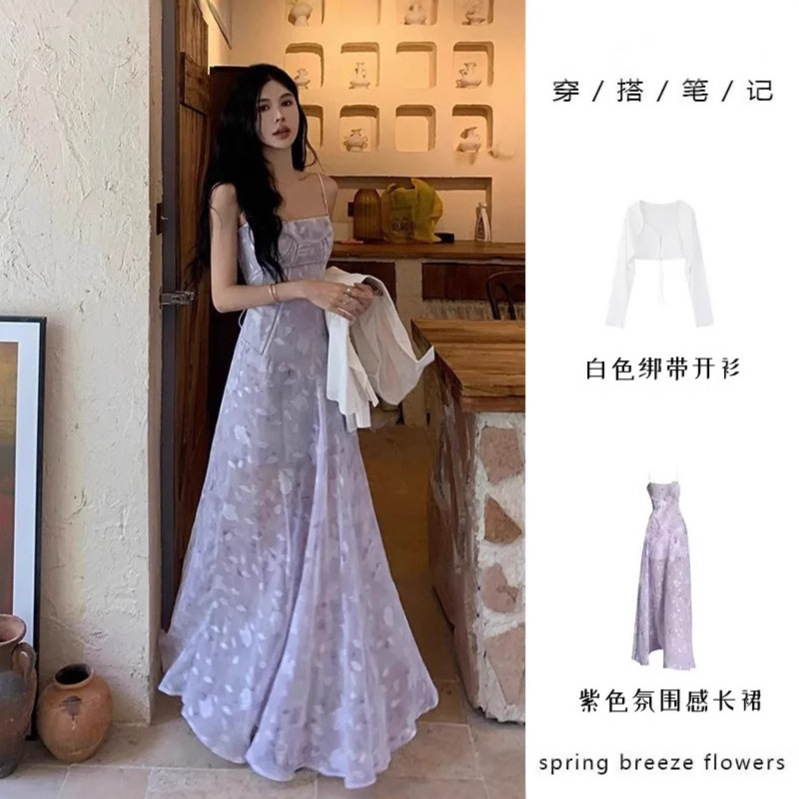 여성을위한 부드러운 스타일 쉬폰 꽃 서스펜더 드레스 정장 여름 얇은 태양 보호 카디건 뜨거운 소녀 허리 롱 스커트