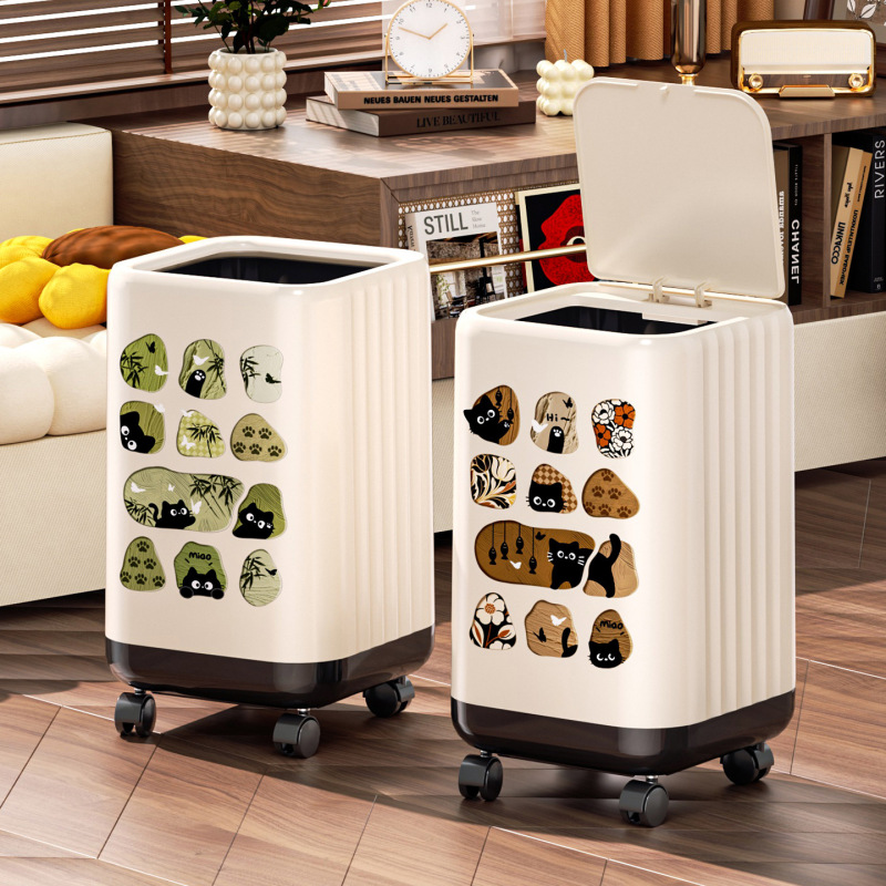 Cartoon-Style Large-Capacity Trash Can with a Light Luxury Feel for Home Use, Suitable for Living Room, Bedroom, Kitchen, Bathroom, and Toilet, with Wheels