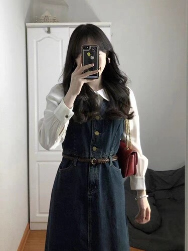 suspender dress set denim vest dress children autumn chanel style white shirt casual two-piece top