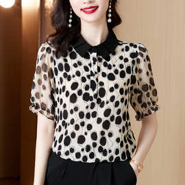 实拍现货 雪纺衬衣女2025夏波点套袖宽松显瘦百搭上衣女