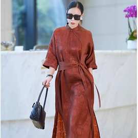 高端轻奢新中式重磅欧根纱复古国风日常砖红色连衣裙子夏S424822