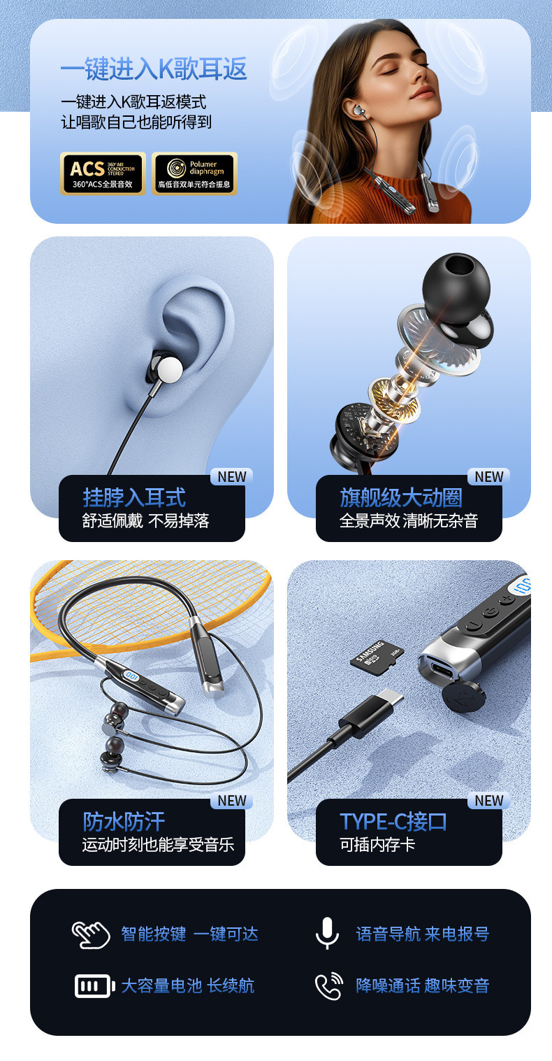 2025 New Model Neckband Bluetooth Karaoke Headphones with Card Slot, Heavy Bass, Long Standby Time, Suitable for Men and Women for Sports Wear