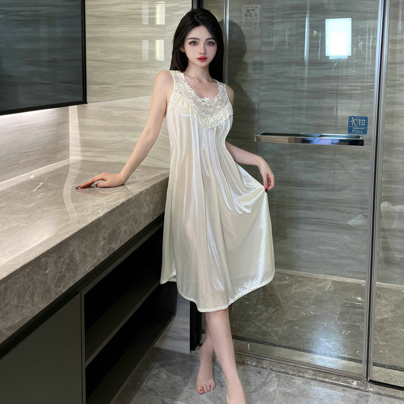 2025 New Sexy Pajamas Summer Nightdress Women's Lace Sleeveless Loose plus size High-end Home Wear Thin