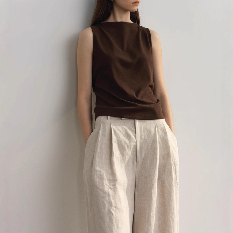 Rewear/Highly Recommended by Word of Mouth, Soft One-Line Collar Knitted Loose Side Seam Twisted Waist Vest T-Shirt 16022