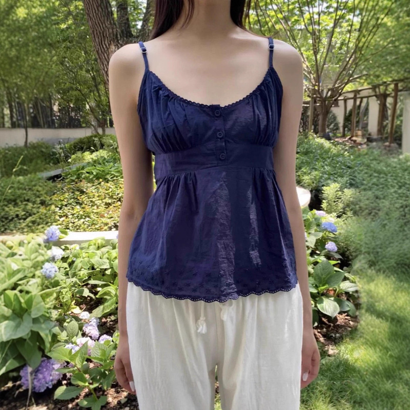 Bm Camisole New American Style Spicy Girl Lace Navy Blue Three-Button Camisole Bm Waist-Slimming Top for Women