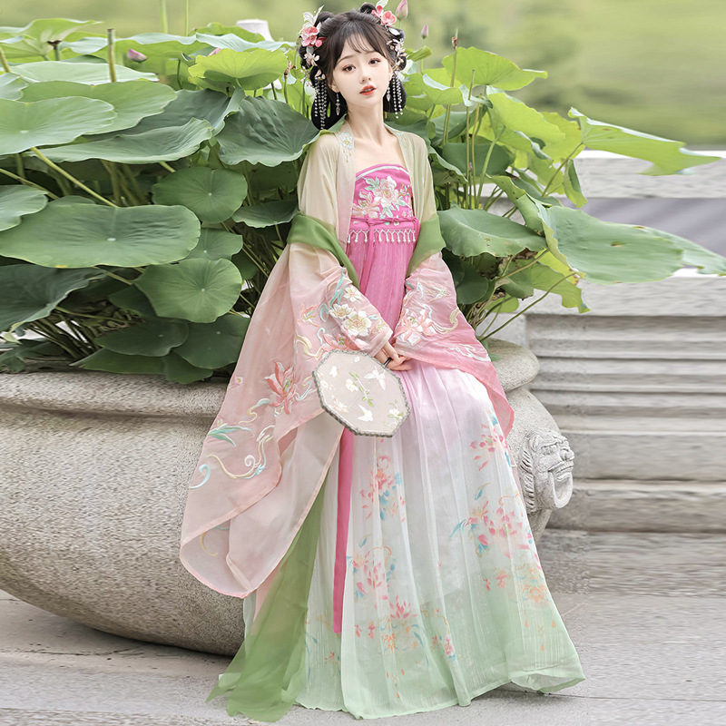 Shanghefang [Jun Xianghuan] Tang-Style Original Hanfu for Women, Summer Tang-Style Embroidered Hezi Skirt, Large-Sleeved Shirt, and Shawl Set