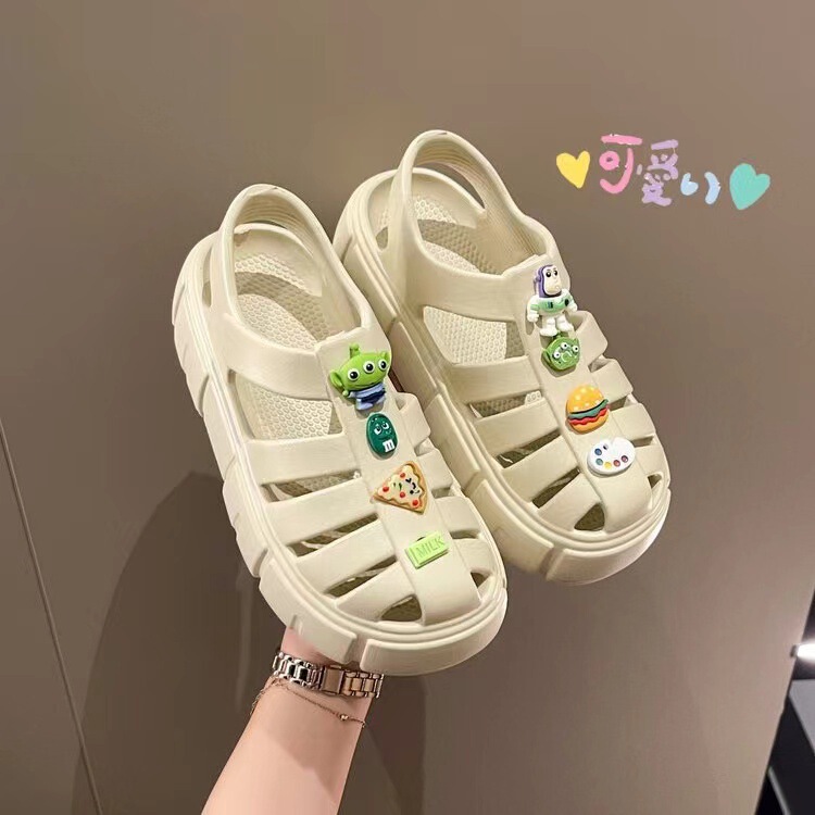 6cm Cartoon New Thick-soled Chunky Heel Cave Shoes Toe Hollow-out Retro Roman Sandals Women's Outwear Garden Shoes for Women