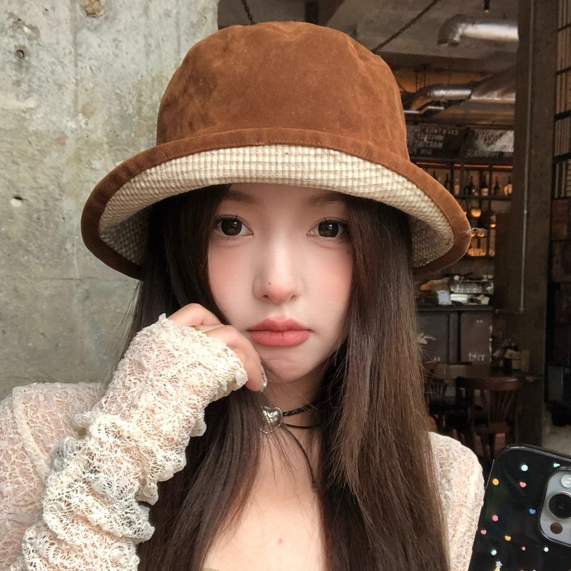 日系复古麂皮绒双面戴渔夫帽女秋冬季百搭显脸小盆帽防晒水桶帽子|undefined