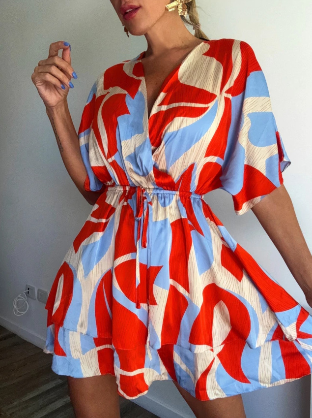 Abstract Print V-Neck Midi Dress With Tie Waist, Flowy Short Sleeve Summer Dress For Vacation & Casual Outings_ecoleips.com