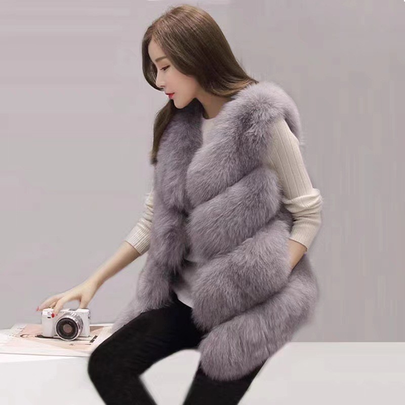 Damenbekleidung Herbst und Winter neue Mode Damen dünne Weste grau schlank warm umweltfreundliche Fuchspelzweste_voghion.com
