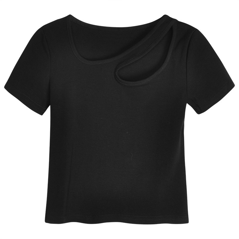 Camiseta de manga corta para mujer con clavícula hueca para diseño, estilo occidental, estilo sexy, dulce y picante, parte superior fuera de la cintura para estudiantes image 7