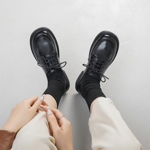 2025 Spring New Black Lace-Up Derby Shoes Retro British Lace-Up Small Leather Shoes Women's Single Shoes Heel Two-Wear Women's Shoes
