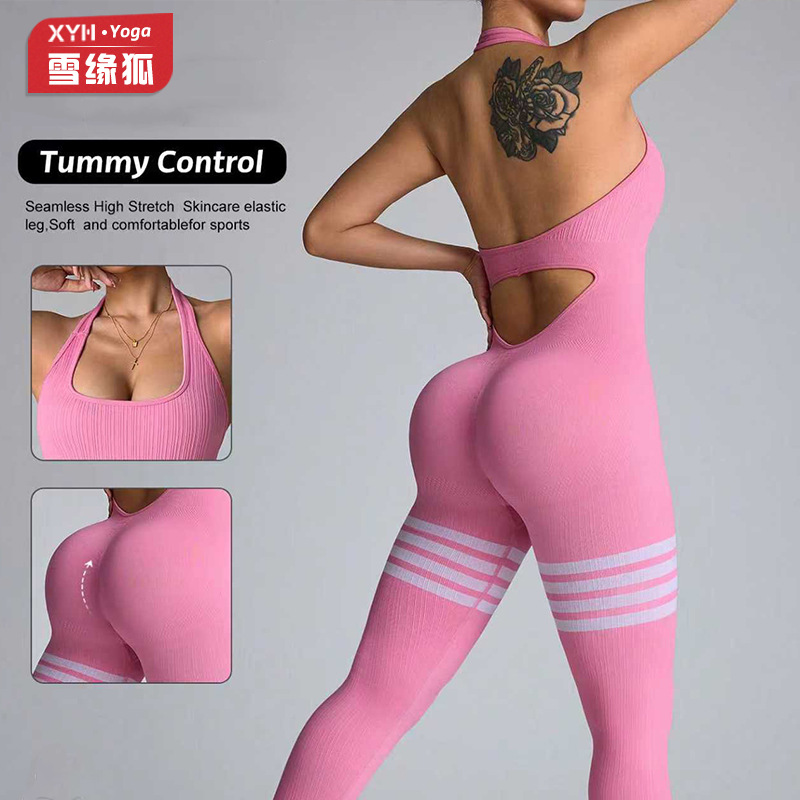 New Hanging Neck Hip Tight Belly Tight Striped Sports Style Seamless Beautiful Back Women's Sports Yoga Clothes Jumpsuit