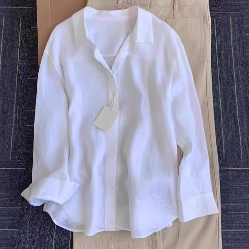 Old Qian Style White Linen Lapel Long-sleeved Shirt Women's Summer Lightweight Simple Fashionable Casual All-match Top