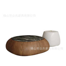 意式极简天然奢石茶几组合家用客厅设计师中古高级感圆形胡桃木皮