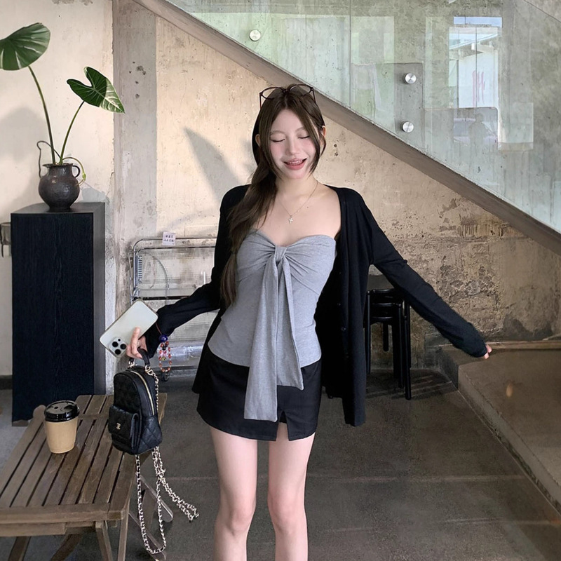 Gray Strappy Tube Top Vest for Women, Black Cardigan Jacket, Autumn Design, Hot Girl Two-Piece Commuter Suit