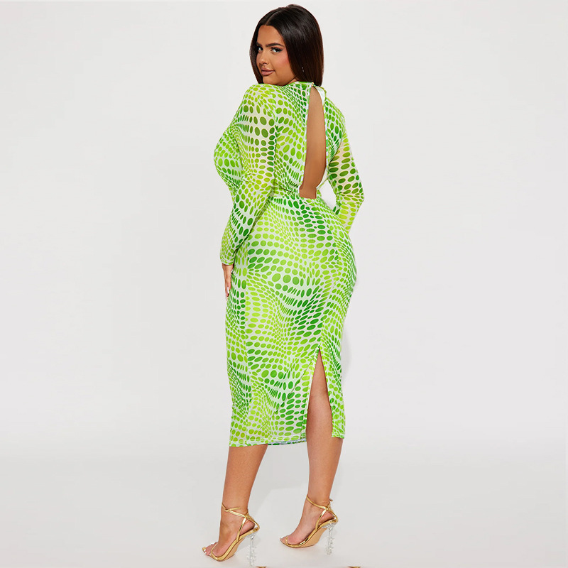 Plus size midiklänning med hög krage och lång ärm för kvinnor_voghion.com