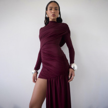 欧美跨境女装热销秋冬季新款纯色圆领缩褶包臀飘带长袖修身连衣裙