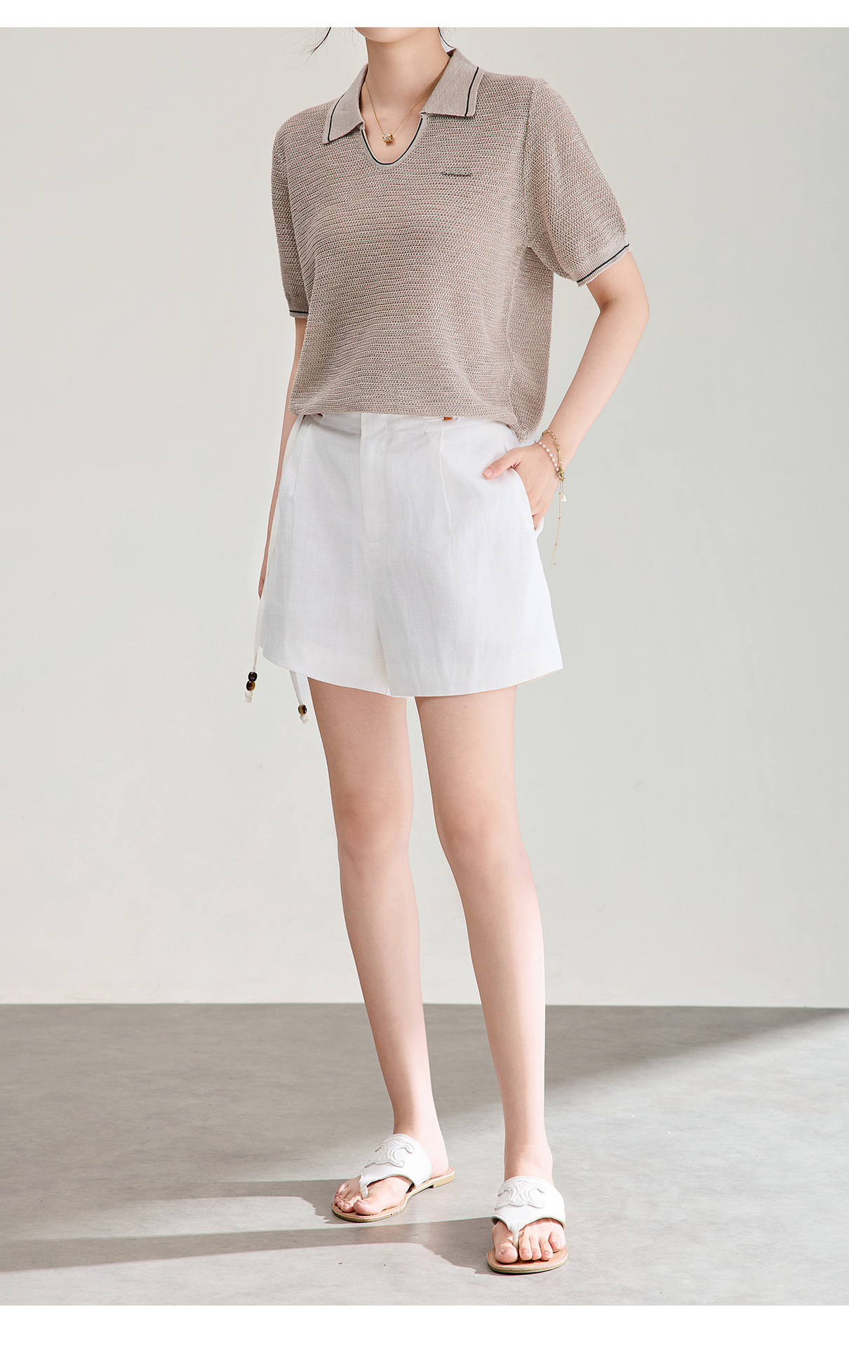 Quần short nữ cạp cao dây buộc phong cách quốc phong rộng thùng thình đính cườm — Xanh lông mòng đen chi tiết 22