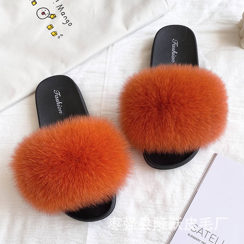 Amazon transfronterizo zapatillas de pelo de zorro real zapatillas de pelo de fondo plano zapatillas de pelo de mujer zapatillas de pelo de verano nuevas exportaciones