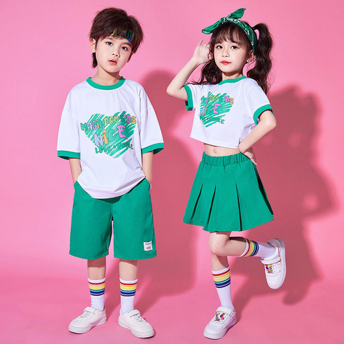 children kindergarten cheerleading costumes Jazz hiphop rapper dance outfits for girls boys patchwork short-sleeved gogo dancers performance clothing