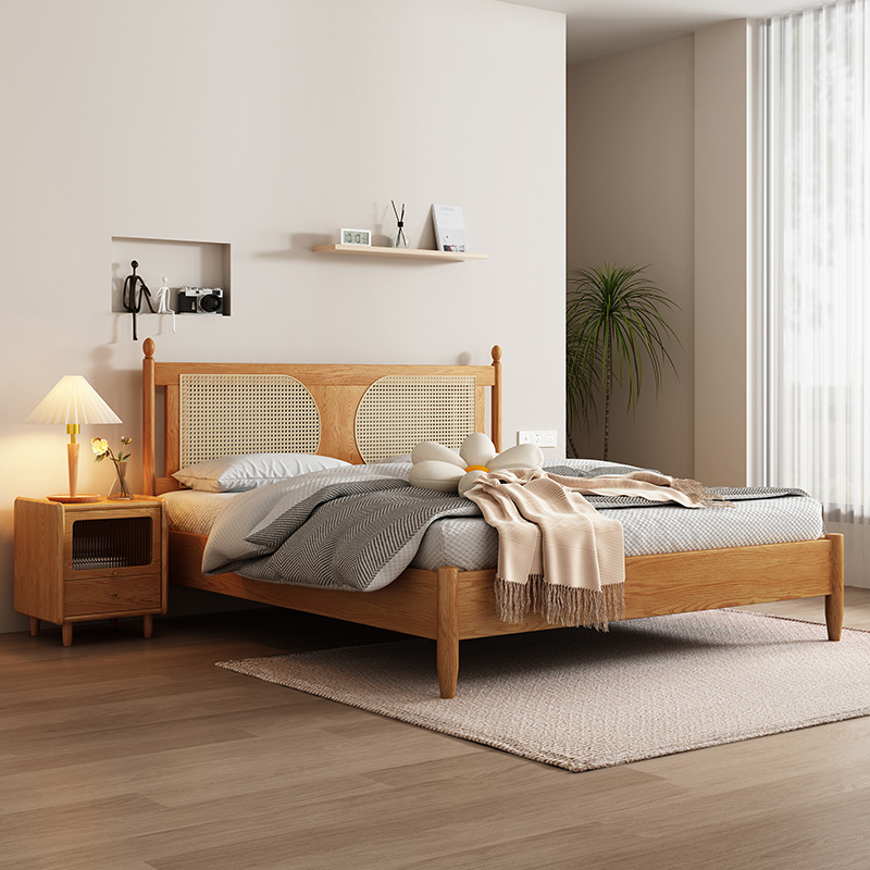 Hanmuxuan Wabi-Sabi Style Ash Wood Solid Wood Double Bed for Home Bedroom 1.5m Rattan Bed Modern Simple 1.8m