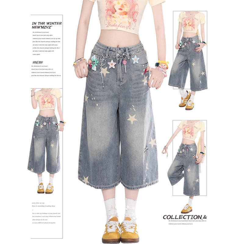Plus-Size High-Waisted Denim Shorts for Women, Summer New Style, Star Print, Loose Fit, Slimming Straight Wide-Leg Capri Pants Plus-Size High-Waisted Denim Shorts for Women, Summer New Style, Star Print, Loose Fit, Slimming Straight Wide-Leg Capri Pants