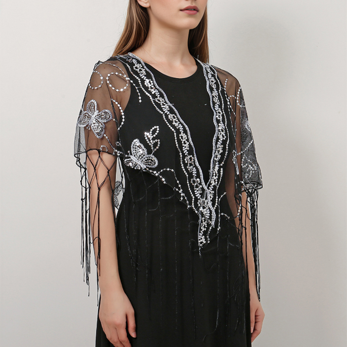Nuevas pañuelas de malla mariposa triángulo toalla de hombro de verano con un vestido de baile cheongsam con bordas con chalelas de boda lotes