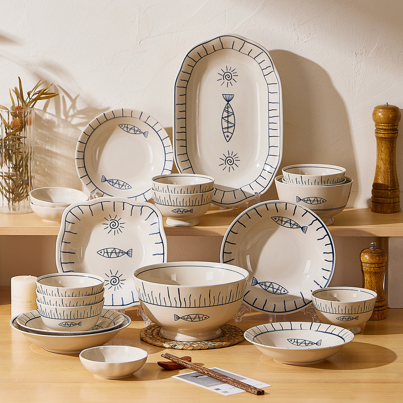 Japanese Underglaze Ceramic Bowl and Plate Set Household Tableware for One Person High-Value Tableware Set Housewarming Gift Japanese Underglaze Ceramic Bowl and Plate Set Household Tableware for One Person High-Value Tableware Set Housewarming Gift