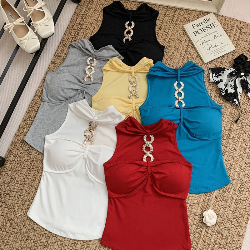 Pure Desire Hot Girl High-End Socialite Hollow Chain Halter Neck Camisole Women's Off-Shoulder Top with Breast Pad Design