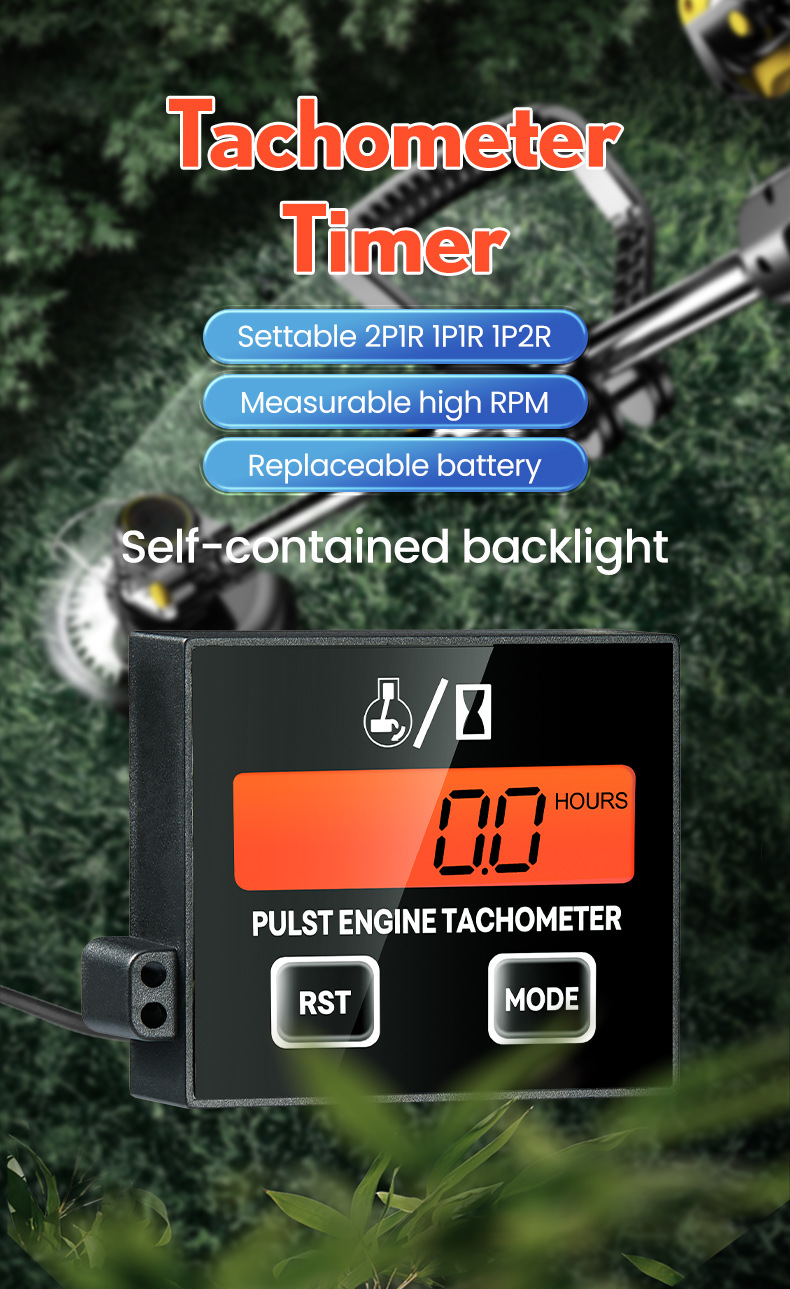 Inductive Digital Tachometer for 2/4-Stroke Engines, Universal for Lawn Mowers and Chainsaws, with an Accumulative Timer