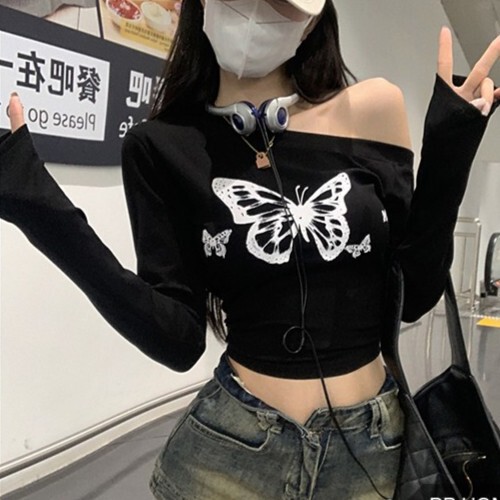 Beware of Women's Shoulder Butterfly Print Long-sleeved T-shirt Women's Sexy Hot Girls Navel Short Base Tight Top Beware of Women's Shoulder Butterfly Print Long-sleeved T-shirt Women's Sexy Hot Girls Navel Short Base Tight Top