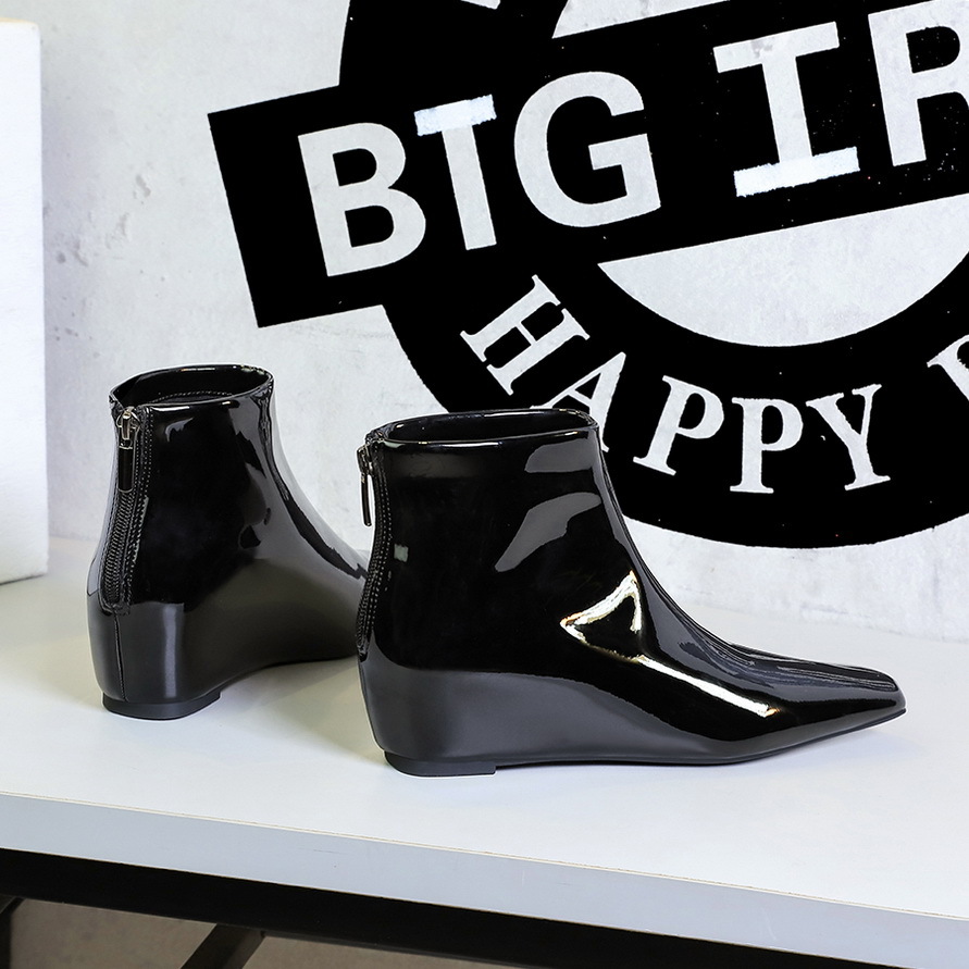 6632-1 Korean Style Fashion Versatile Hidden Wedge Heel Shiny Patent Leather Short Slimming Women's And Ankle Boots_vogvips.com