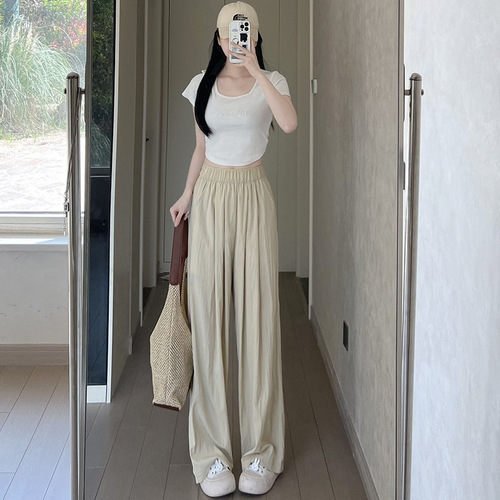 Cross-border Yamamoto ice silk high-waisted flowing relaxed wide-leg pants summer thin lazy pleated loose straight-leg pants for women