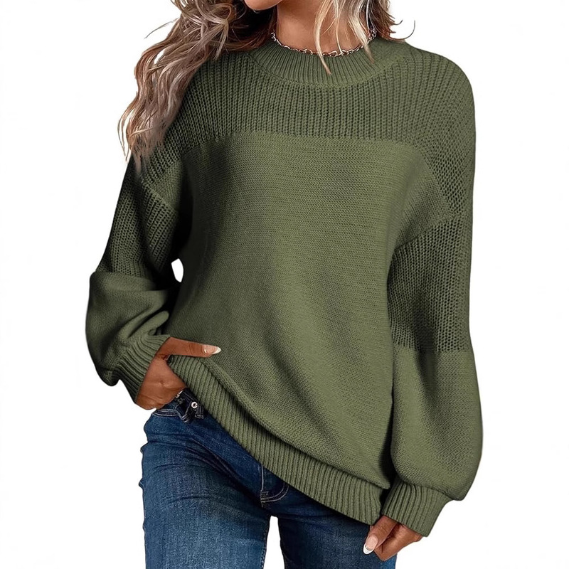 2026 Autumn and Winter New European and American Cross-Border Solid Color Lantern Sleeve Pullover Round Neck Long-Sleeve Knit Sweater Top for Women