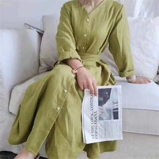 9557韩国早秋韩版中长款长袖连衣裙女棉麻休闲百搭高腰长裙裙子