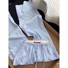 韓国風ブルーハイウエストスリムカジュアルパンツ女性用夏小柄ゆったりワイドレッグ万能ストレートウォーキングパンツ春春