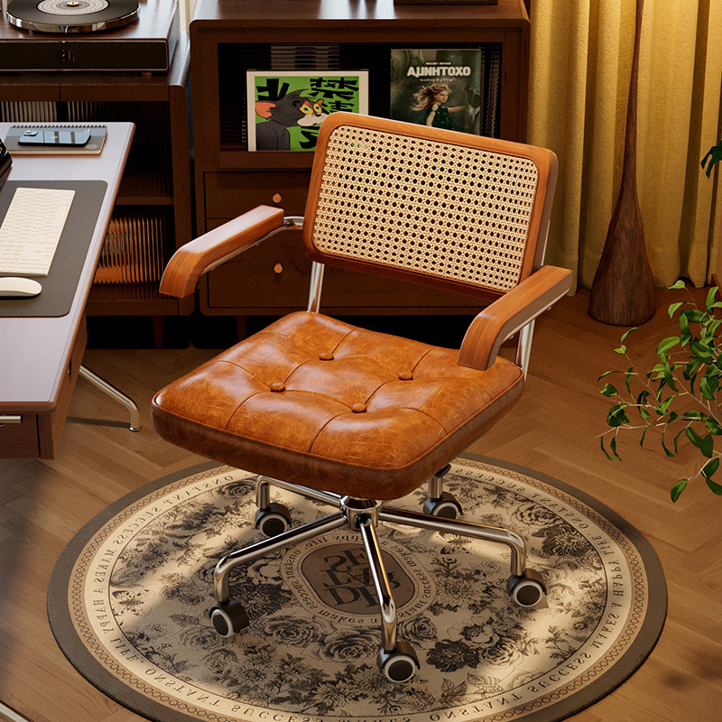 Vintage-Style Computer Chair for Home Use, Retro Rattan Office Chair, Suitable for Long Sitting in Study or Bedroom, Adjustable Desk Swivel J&