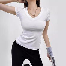 韩模漫画修身正肩短袖T恤女2024夏季新款V领短款净版打底衫上衣